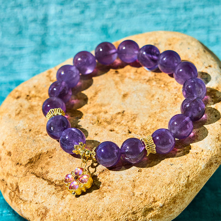 Buddha Stones Natural Amethyst Four Leaf Clover Charm Communication Bracelet - Amethyst(Wrist Circumference: 15-17cm) - image 0