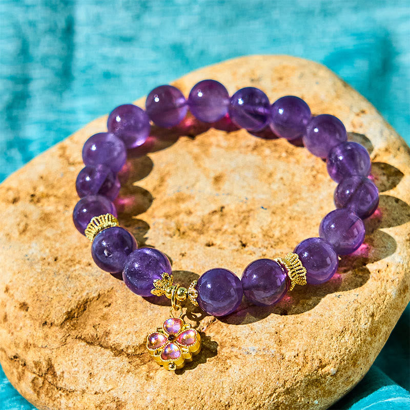 Buddha Stones Natural Amethyst Four Leaf Clover Charm Communication Bracelet - image 1