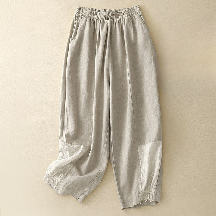 Buddha Stones Casual Embroidery Patchwork Fabric 7-8 Length Cropped Pants Women's Cotton Harem Pants With Pockets - Beige - US8-10，UK/AU12-14，EU40-42 (2XL) - image 5