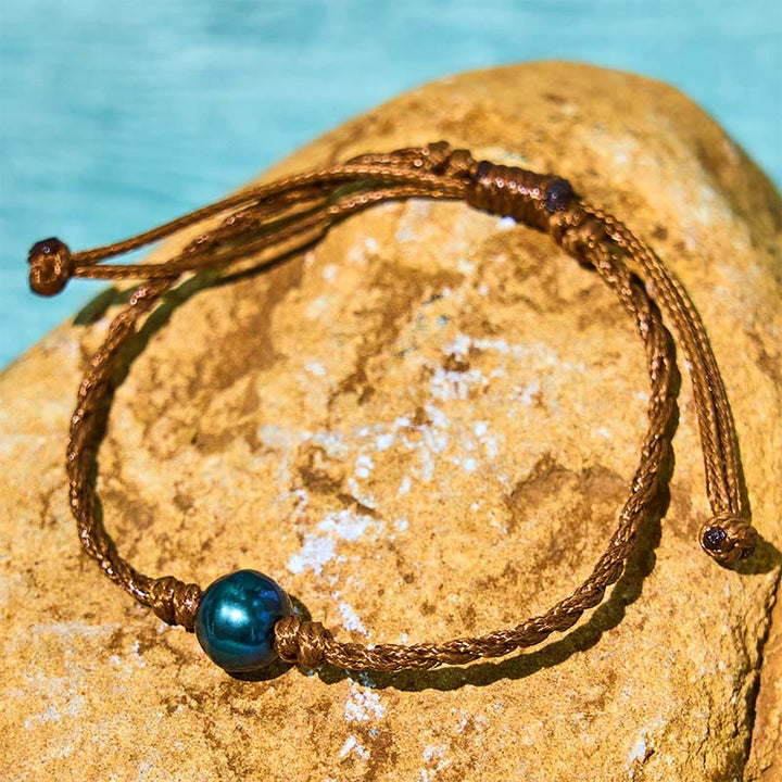 Buddha Stones Natural Tahitian Black Pearl Bead Wax Rope Wisdom Bracelet - image 2