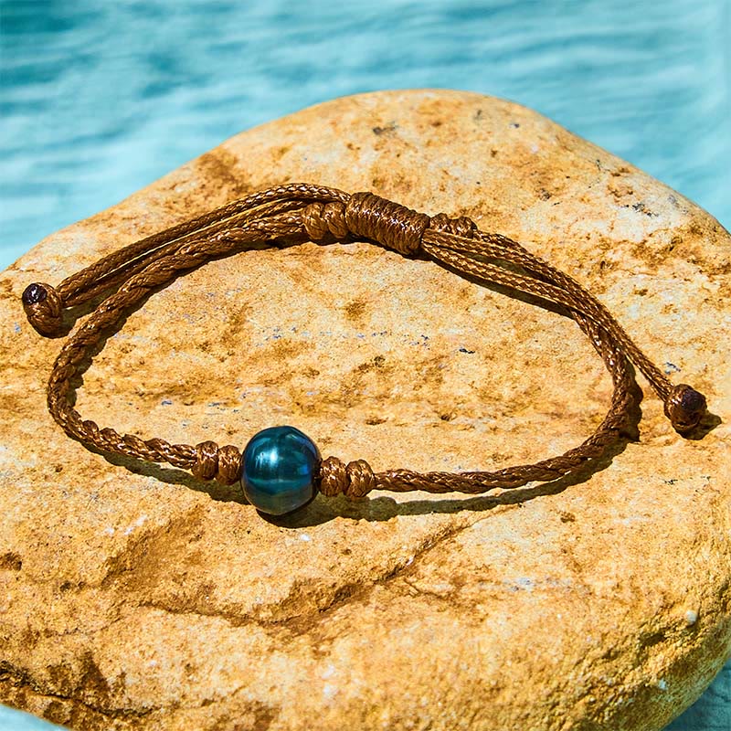 Buddha Stones Natural Tahitian Black Pearl Bead Wax Rope Wisdom Bracelet - image 1