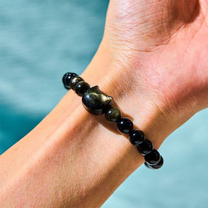 Buddha Stones Gold Sheen Obsidian Silver Sheen Obsidian Lovely Paw Lucky Cat Protection Bracelet - image 3