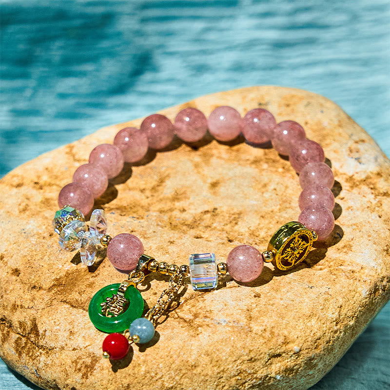 Buddha Stones Strawberry Quartz Jade Fu Character Charm Healing Bracelet - Strawberry Quartz(Wrist Circumference 14-16cm) - image 0
