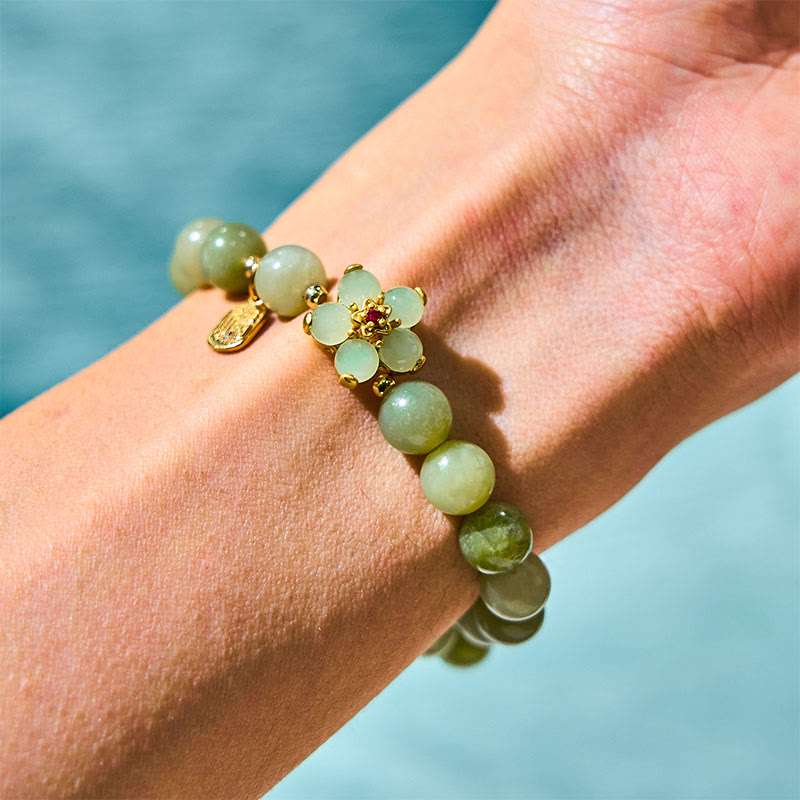Buddha Stones Green Jade Flower Fu Character Charm Luck Bracelet - image 1
