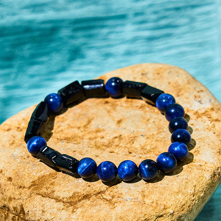 Buddha Stones Blue Tiger Eye Black Tourmaline Strength Bracelet - Blue Tiger Eye Black Tourmaline(Wrist Circumference: 14-16cm) - image 0