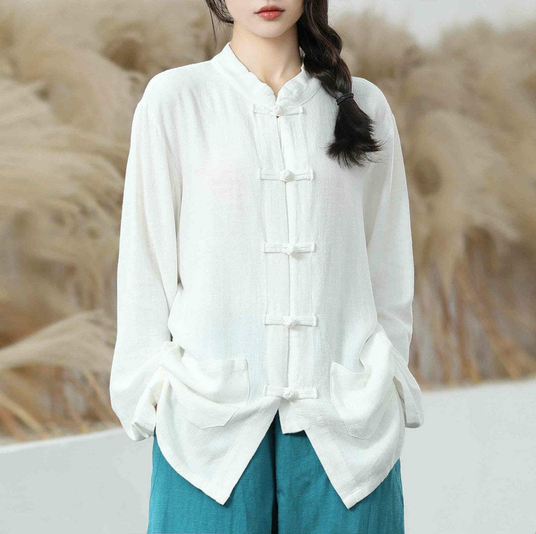 Buddha Stones Solid Color Frog-button Long Sleeve Cotton Linen Women's Shirts With Pockets - White - US6，UK/AU10，EU38 (XL) - image 0