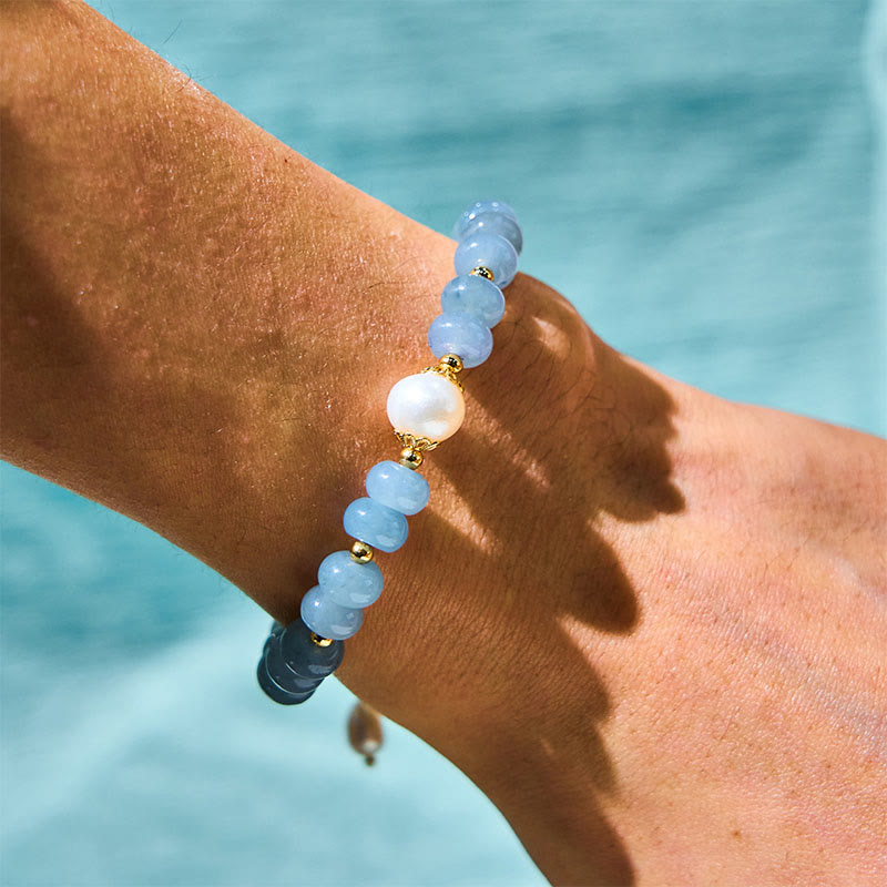 Buddha Stones Natural Aquamarine Pearl Shell Healing Bead Bracelet - image 2