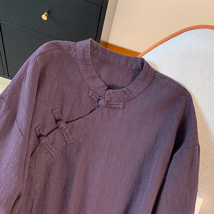 Buddha Stones Casual Women's Plain Frog-Button Stand Collar Design Long Sleeve Cotton Linen Shirt - image 2