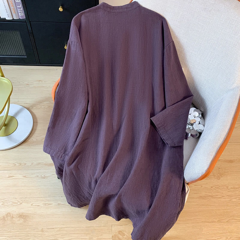 Buddha Stones Casual Women's Plain Frog-Button Stand Collar Design Long Sleeve Cotton Linen Shirt - image 1