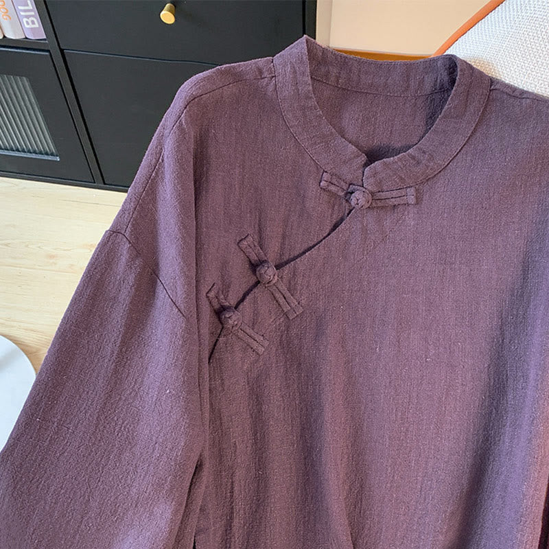 Buddha Stones Casual Women's Plain Frog-Button Stand Collar Design Long Sleeve Cotton Linen Shirt - image 4