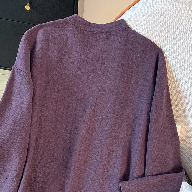 Buddha Stones Casual Women's Plain Frog-Button Stand Collar Design Long Sleeve Cotton Linen Shirt - image 6