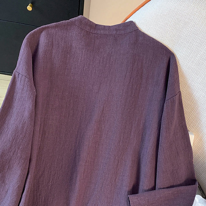 Buddha Stones Casual Women's Plain Frog-Button Stand Collar Design Long Sleeve Cotton Linen Shirt - image 6