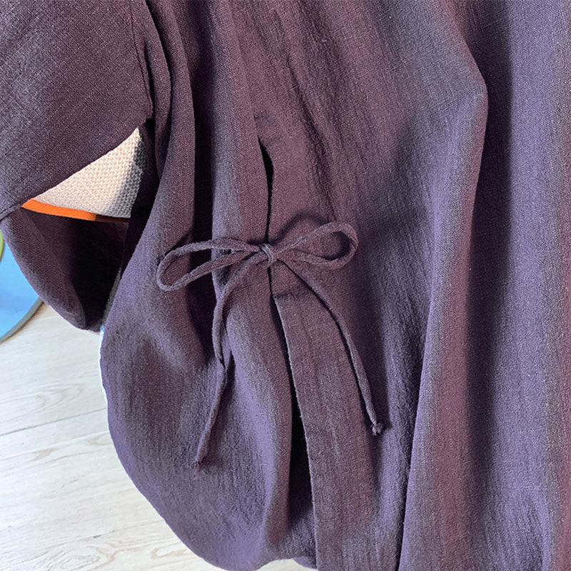 Buddha Stones Casual Women's Plain Frog-Button Stand Collar Design Long Sleeve Cotton Linen Shirt - image 5