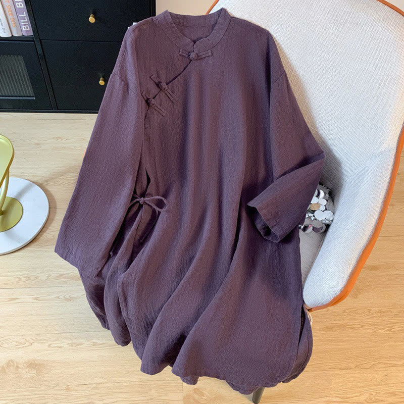 Buddha Stones Casual Women's Plain Frog-Button Stand Collar Design Long Sleeve Cotton Linen Shirt - Purple - US8-10，UK/AU12-14，EU40-42 (2XL) - image 0
