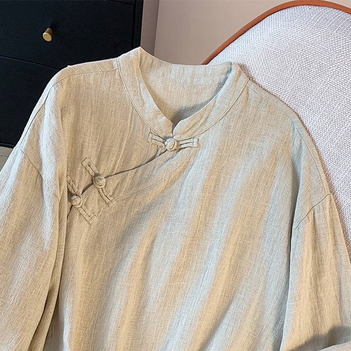 Buddha Stones Casual Women's Plain Frog-Button Stand Collar Design Long Sleeve Cotton Linen Shirt - image 13