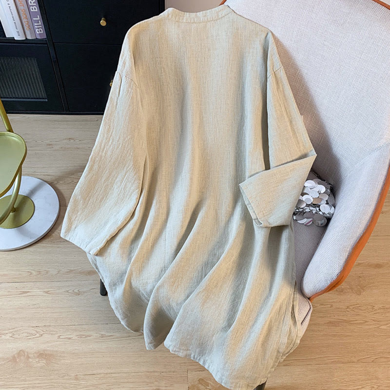 Buddha Stones Casual Women's Plain Frog-Button Stand Collar Design Long Sleeve Cotton Linen Shirt - image 11