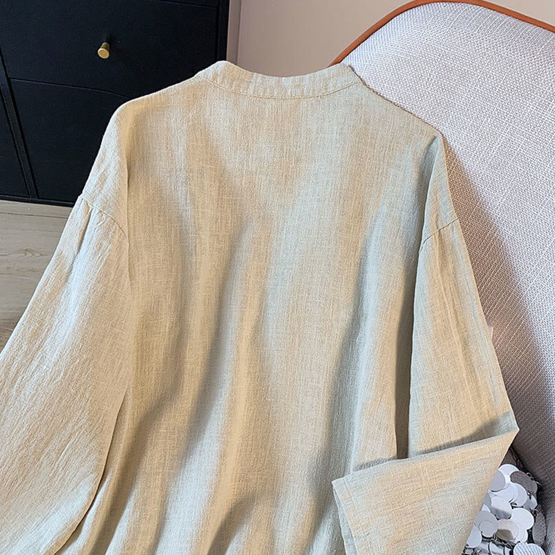 Buddha Stones Casual Women's Plain Frog-Button Stand Collar Design Long Sleeve Cotton Linen Shirt - image 12