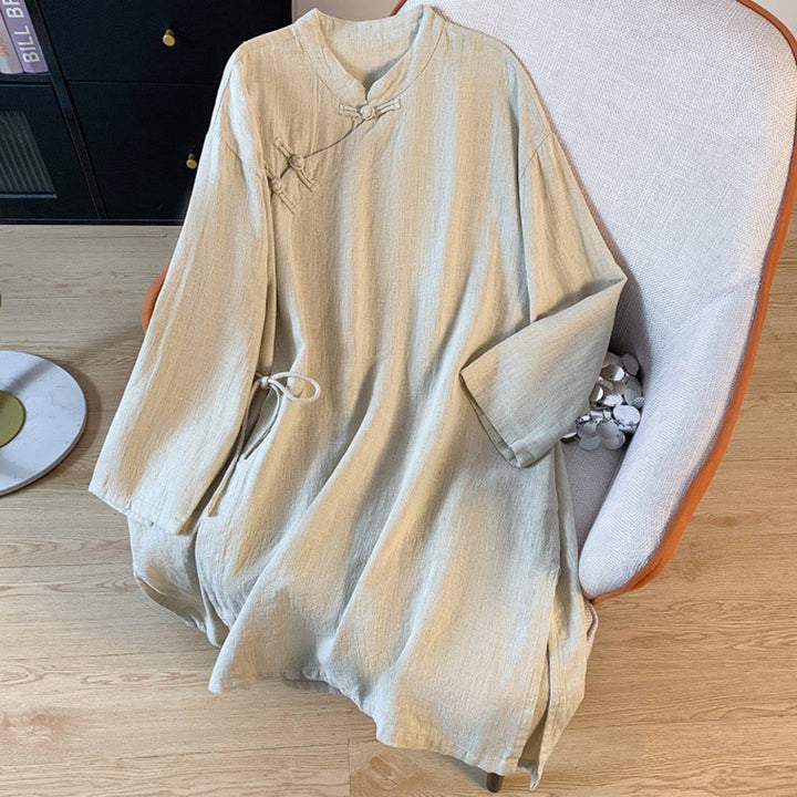 Buddha Stones Casual Women's Plain Frog-Button Stand Collar Design Long Sleeve Cotton Linen Shirt - Beige - US8-10，UK/AU12-14，EU40-42 (2XL) - image 10