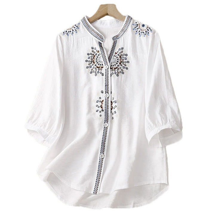 Buddha Stones Casual Women's Bohemia Embroidery Flowers V-Neck Design Half Sleeve Cotton Linen Shirt - image 1