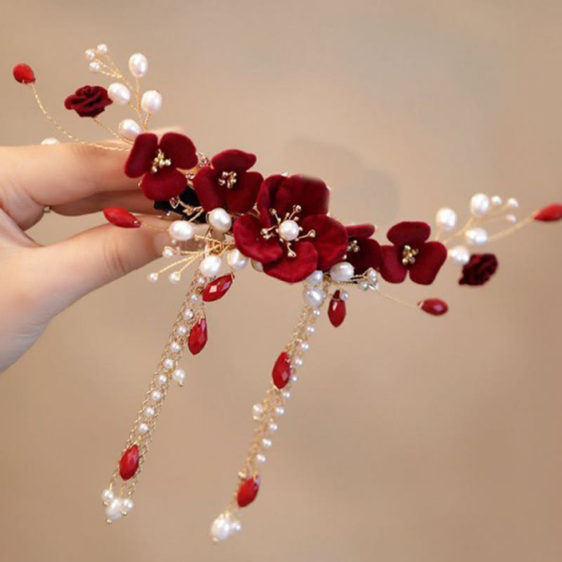 Buddha Stones Chinese Oriental Wedding Bridal Red Rose Hair Clip - image 3