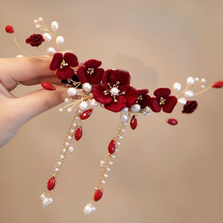 Buddha Stones Chinese Oriental Wedding Bridal Red Rose Hair Clip - image 3