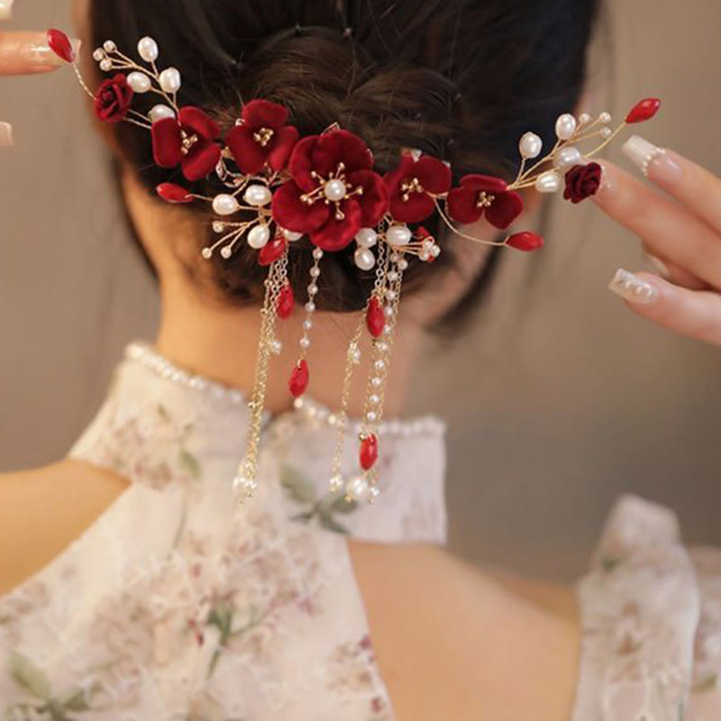 Buddha Stones Chinese Oriental Wedding Bridal Red Rose Hair Clip - image 6