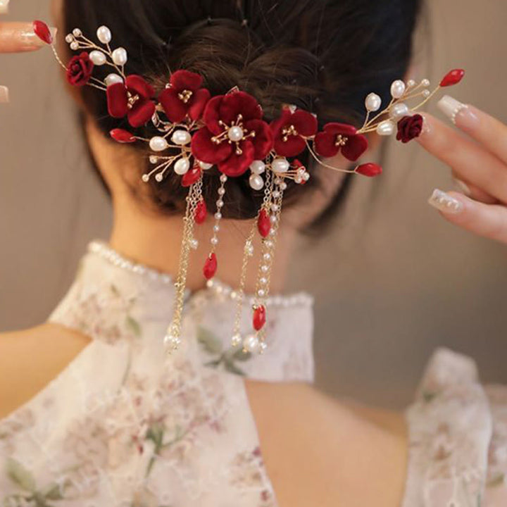 Buddha Stones Chinese Oriental Wedding Bridal Red Rose Hair Clip - image 6