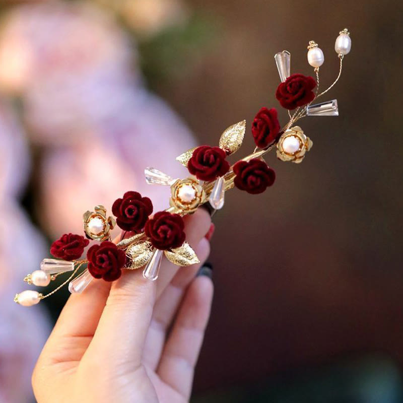 Buddha Stones Chinese Oriental Wedding Bridal Red Rose Hair Clip - image 8