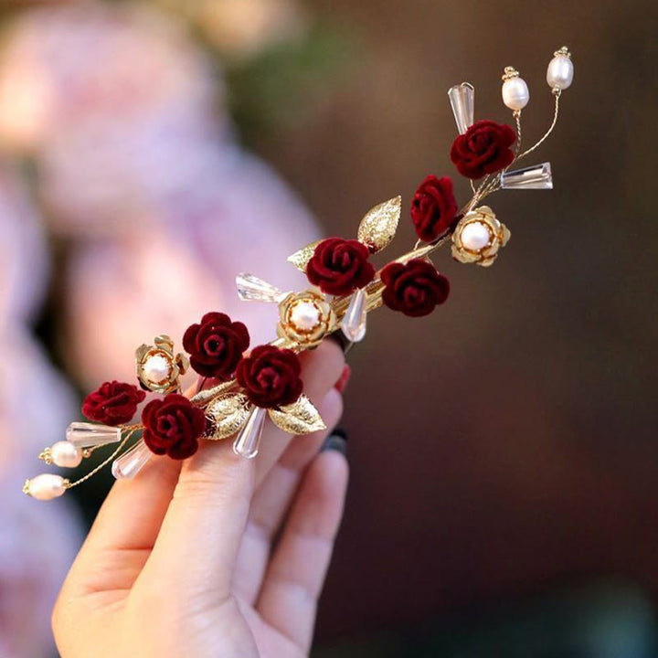 Buddha Stones Chinese Oriental Wedding Bridal Red Rose Hair Clip - image 8