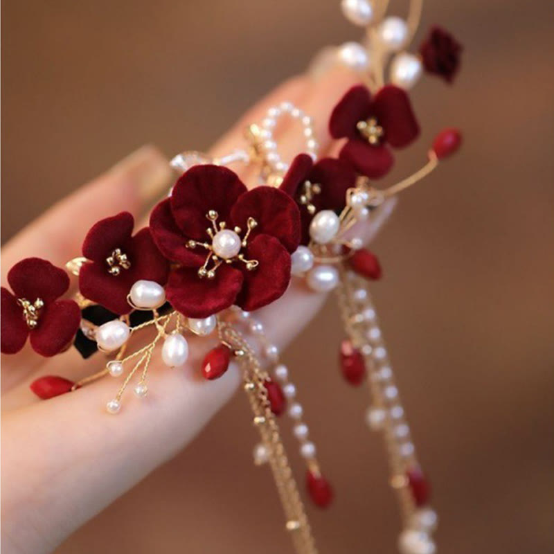 Buddha Stones Chinese Oriental Wedding Bridal Red Rose Hair Clip - image 2