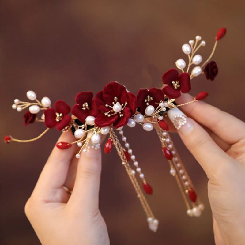 Buddha Stones Chinese Oriental Wedding Bridal Red Rose Hair Clip - image 1