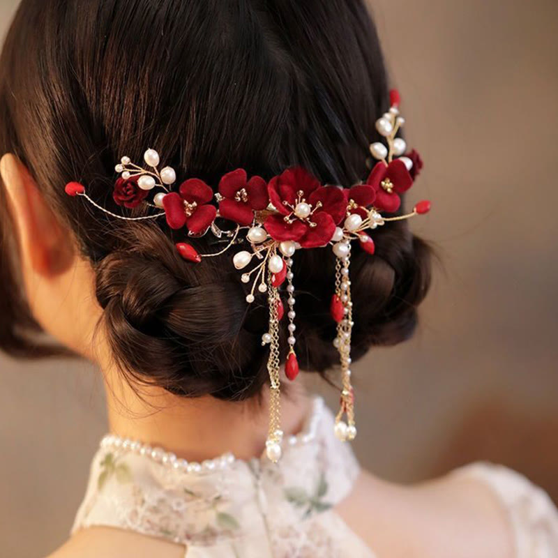 Buddha Stones Chinese Oriental Wedding Bridal Red Rose Hair Clip - Red Rose Hair Clip Tassel - image 0