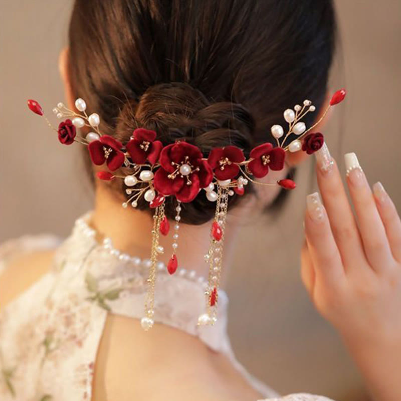 Buddha Stones Chinese Oriental Wedding Bridal Red Rose Hair Clip - image 4