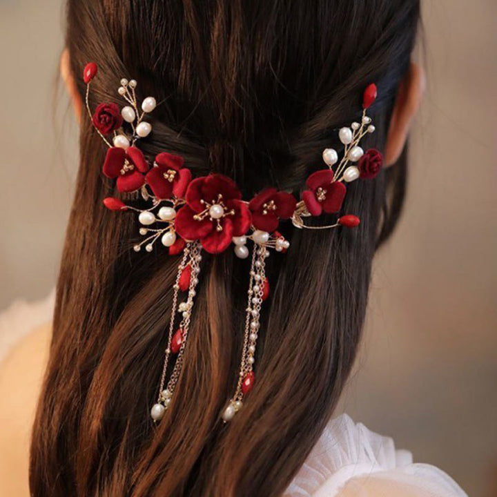 Buddha Stones Chinese Oriental Wedding Bridal Red Rose Hair Clip - image 5