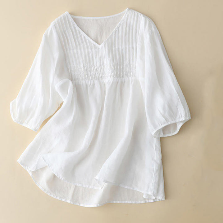 Buddha Stones Casual Plain Loose Women's V-Neck Design Half Sleeve Cotton Shirt - image 11