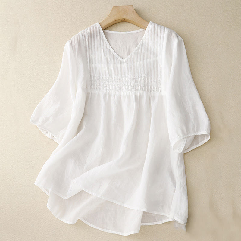 Buddha Stones Casual Plain Loose Women's V-Neck Design Half Sleeve Cotton Shirt - White - US12，UK/AU16，EU44 (2XL) - image 10