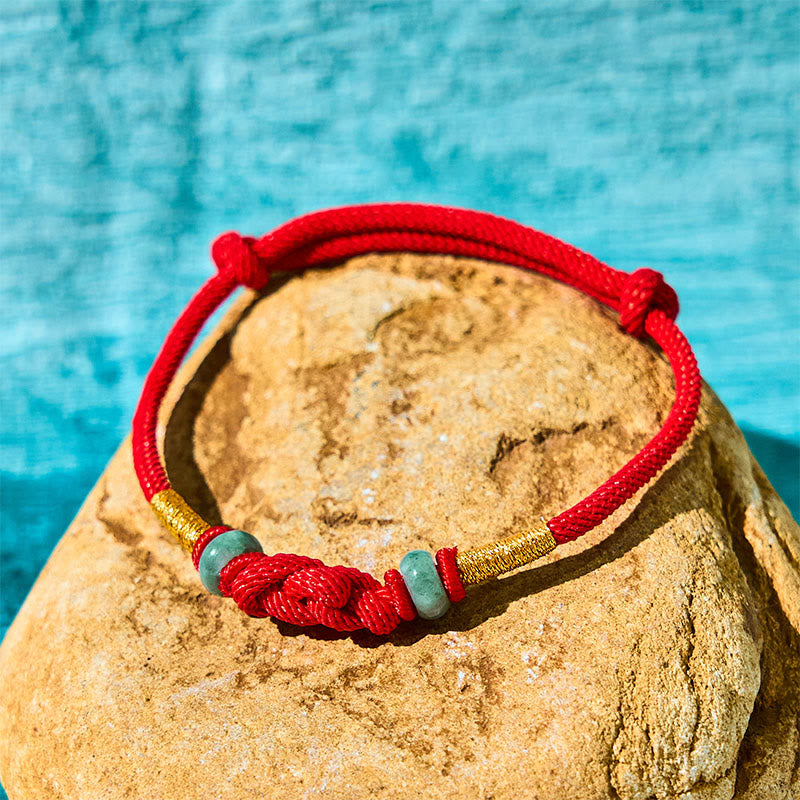 Buddha Stones Red String Jade Luck Fortune Knot Braided Couple Bracelet - Red String&Jade(Wrist Circumference 14-22cm) - image 0