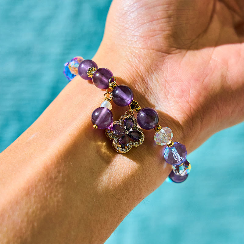 Natural Amethyst Pearl Flower Charm Positive Transformation Bracelet - image 1