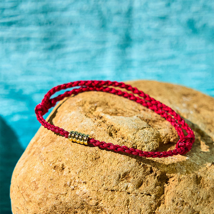 Buddha Stones 925 Sterling Silver Lucky Golden Bead Braided String Bracelet Anklet - Dark Red - Anklet(Anklet Circumference 16-26cm) - image 0