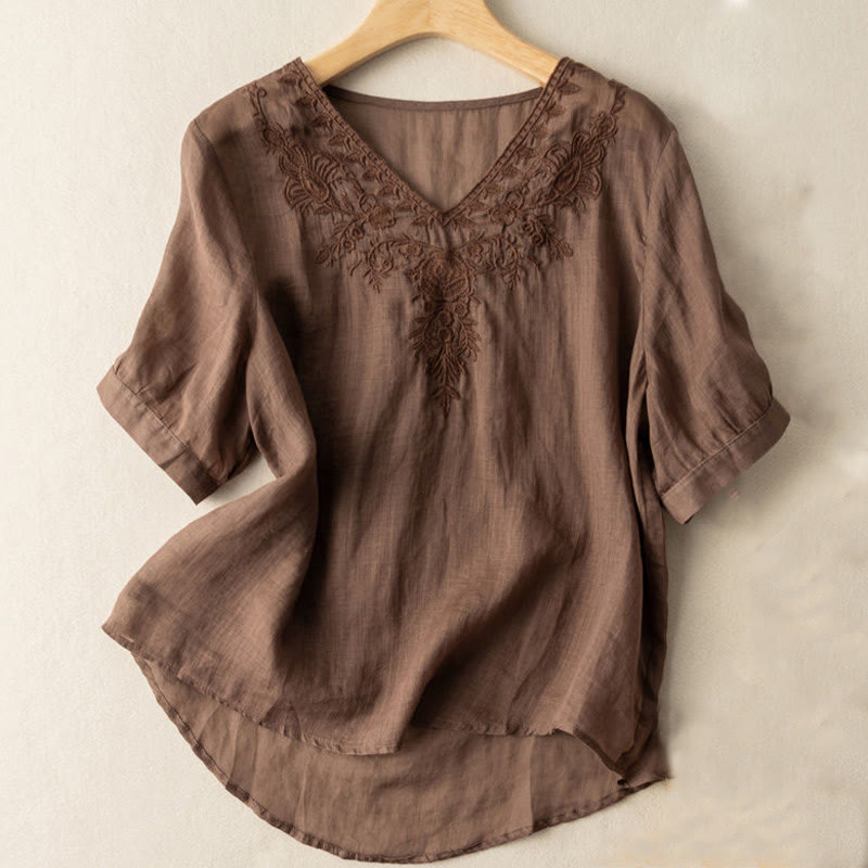 Buddha Stones Casual Embroidery Floral Women's V-Neck Design Half Sleeve Cotton Shirt - SaddleBrown - US12，UK/AU16，EU44 (3XL) - image 0