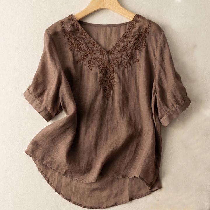 Buddha Stones Casual Embroidery Floral Women's V-Neck Design Half Sleeve Cotton Shirt - SaddleBrown - US12，UK/AU16，EU44 (3XL) - image 0
