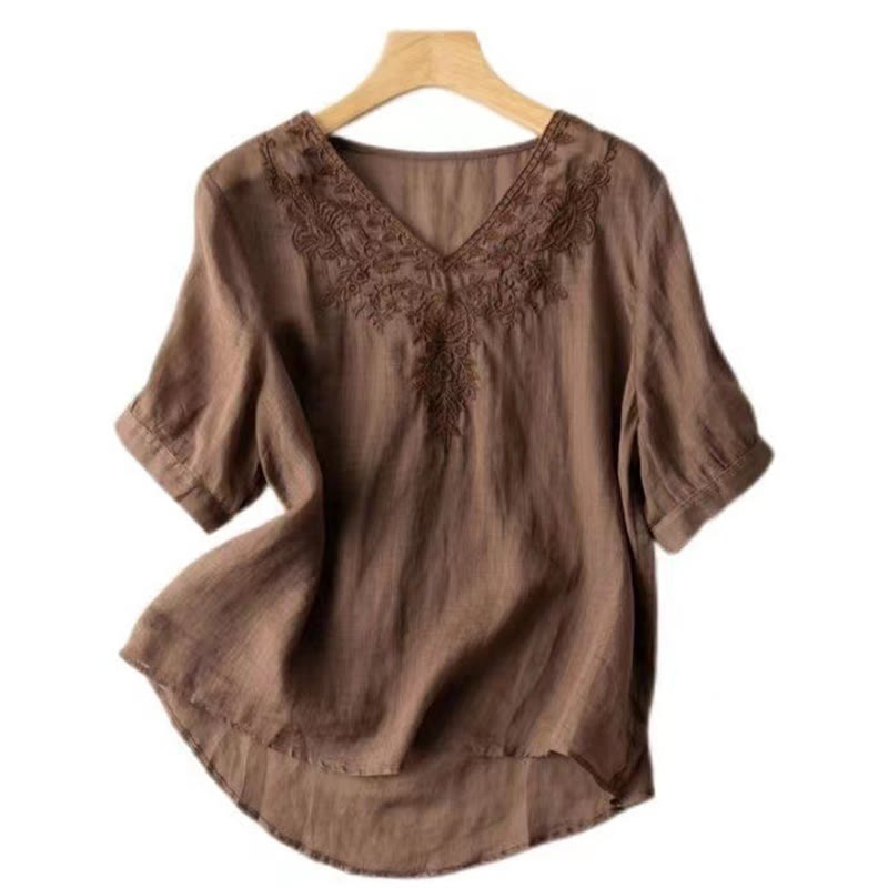 Buddha Stones Casual Embroidery Floral Women's V-Neck Design Half Sleeve Cotton Shirt - image 1