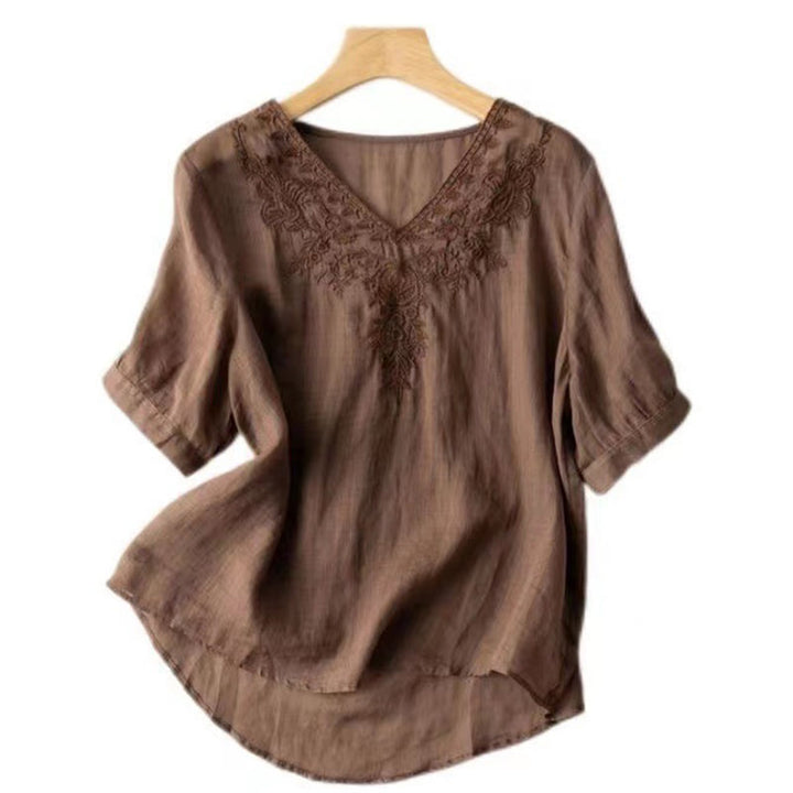 Buddha Stones Casual Embroidery Floral Women's V-Neck Design Half Sleeve Cotton Shirt - image 1