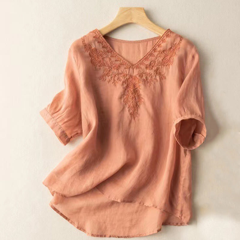 Buddha Stones Casual Embroidery Floral Women's V-Neck Design Half Sleeve Cotton Shirt - LightSalmon - US12，UK/AU16，EU44 (3XL) - image 6