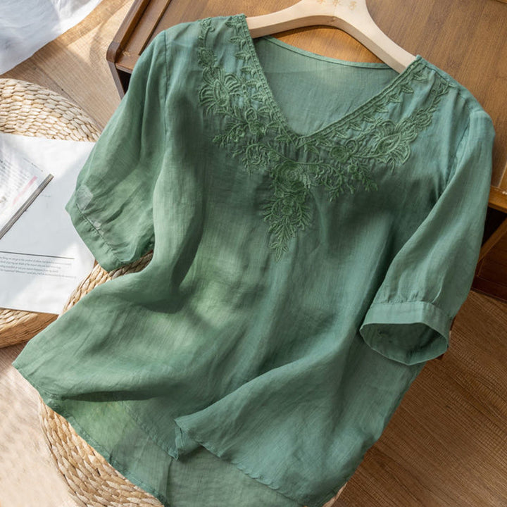 Buddha Stones Casual Embroidery Floral Women's V-Neck Design Half Sleeve Cotton Shirt - image 13