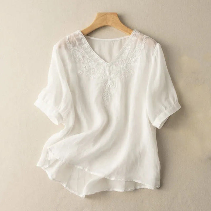 Buddha Stones Casual Embroidery Floral Women's V-Neck Design Half Sleeve Cotton Shirt - White - US12，UK/AU16，EU44 (3XL) - image 16