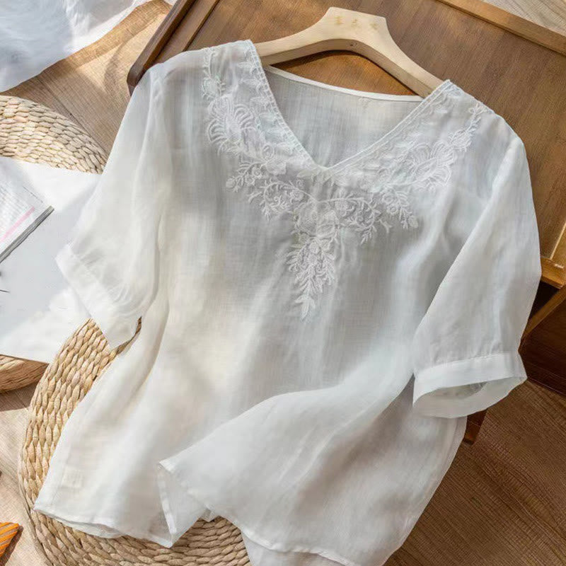 Buddha Stones Casual Embroidery Floral Women's V-Neck Design Half Sleeve Cotton Shirt - image 17