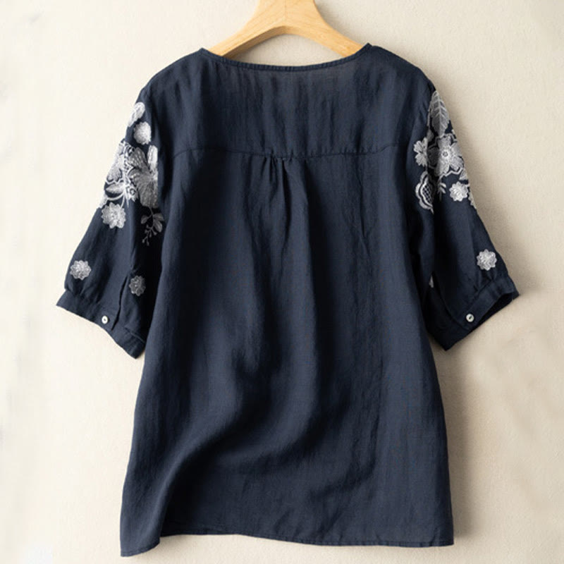 Buddha Stones Casual Embroidered Petals Women's Crew Neck Design Half Sleeve Cotton T-Shirt - image 1