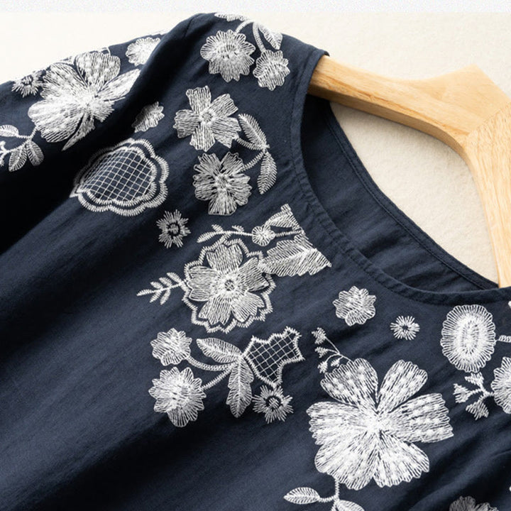 Buddha Stones Casual Embroidered Petals Women's Crew Neck Design Half Sleeve Cotton T-Shirt - image 3