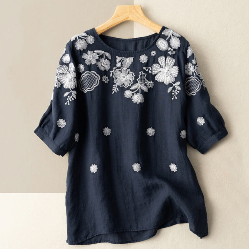 Buddha Stones Casual Embroidered Petals Women's Crew Neck Design Half Sleeve Cotton T-Shirt - MidnightBlue - US14，UK/AU18，EU46 (4XL) - image 0